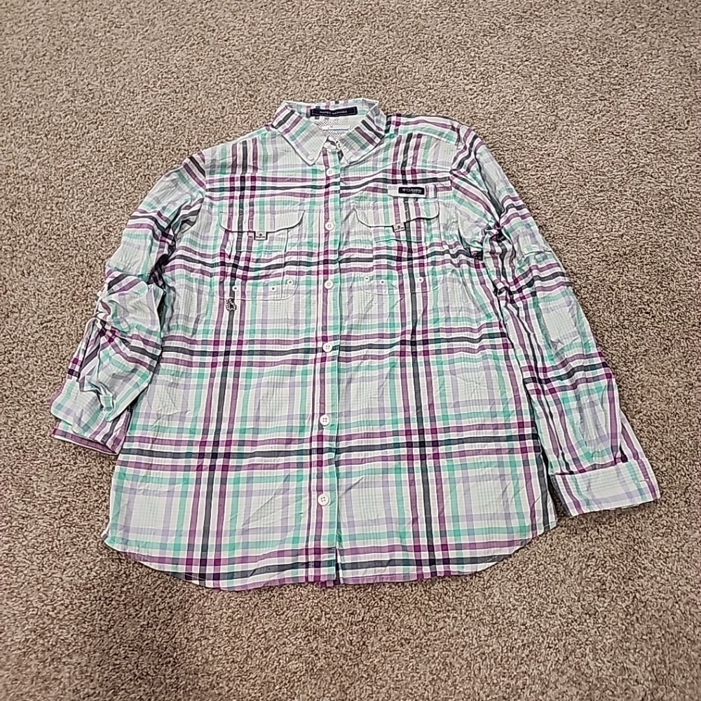 Columbia PFG Womens Medium Teal/purple Plaid Adjustable Long Sleeve Button Up